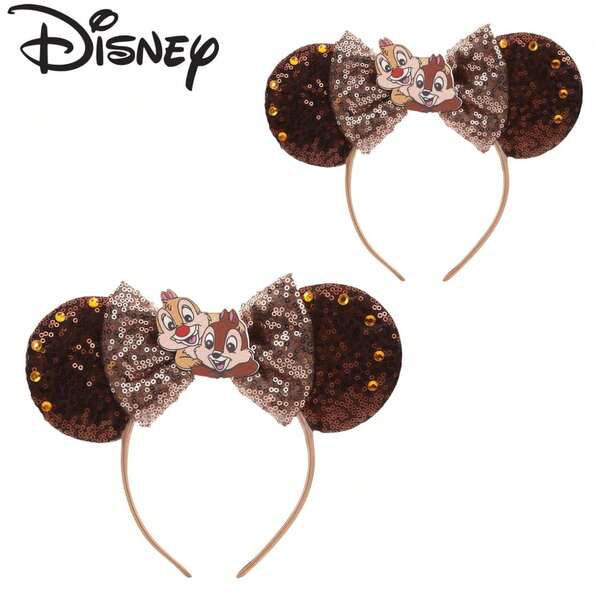 Disney 1 pieza Diadema de lentejuelas marrones de Chip y Dale, lazo de lentejuelas plateadas y blancas mezcladas para fiesta de vacaciones, accesorio para fotos, accesorio para parque de atracciones, adecuado para fiesta de cumpleaños y evento de Pascua, lindo clip de lazo de dibujos animados, diadema accesorio de disfraz de princesa