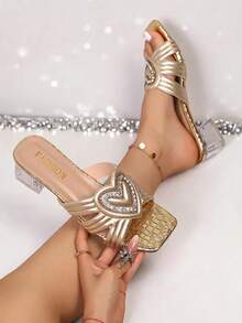 1 Pair Women Champagne Heart Rhinestone Slide Sandals, Slip On Daily Party Dress Footwear - Gold - View 4