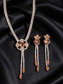 Luxury Champagne Zirconia Tassel Necklace & Earrings Set, Elegant Floral Rhinestone Jewelry For Women, Formal Evening Party & Ball - Multicolor - View 10