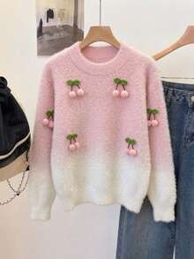 Girls Cute Gradient Cherry Faux Mink Knit Pullover Sweater, Suitable For Daily Wear, Vacation, Spring, Autumn, Winter - Pink - View 4