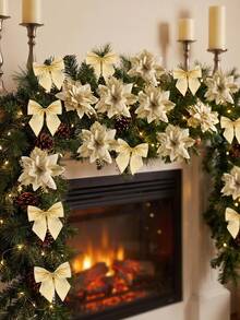 Glitter Christmas Flower Ribbon With Christmas Bow And Twisted Rope, Pre-Formed Gold Christmas Flower Christmas Bow, Christmas Wreath Decoration, Suitable For Christmas Tree, Wreath, Gift Wrapping Decoration (Gold) - A - View 2