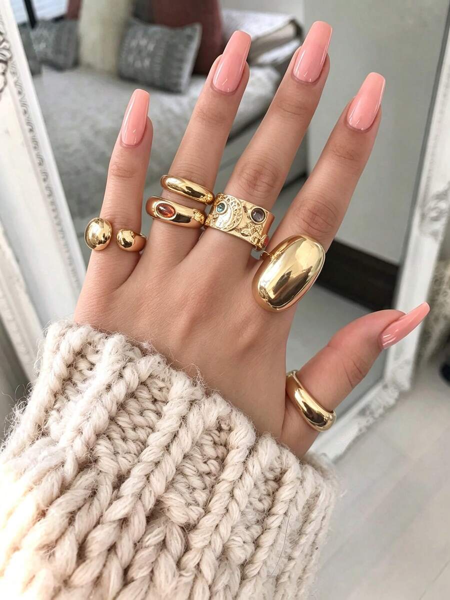 6pcs Exquisite Gold-Tone Women's Ring Set, Star & Moon Faux Gemstone Chunky Rings, Suitable For Women's Daily Wear, Dating, Party, Layering & Matching - Yellow Gold - View 1