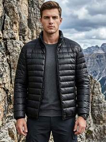 Men's Winter Thickened Solid Color Stand Collar Loose Jacket, Casual Outdoor Travel Workout Gym Running Sports Jacket - Black - View 2