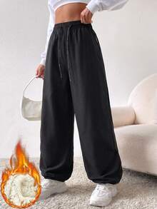 Women's Winter Sports Casual Fleece Lined Pants, Multi-Functional Warm Sports Leggings - Black - View 8