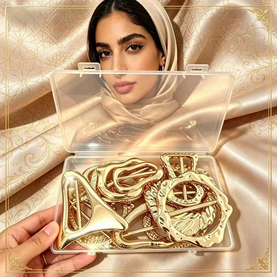 8/12pcs Women's Asymmetrical Wavy Scarf Rings, Minimalist Hollow Scarf Buckles, Decorative Shawl Clips, Fashion Muslim Hijab Clips, Plastic Decorative Accessories For Daily Wear (With Storage Box)