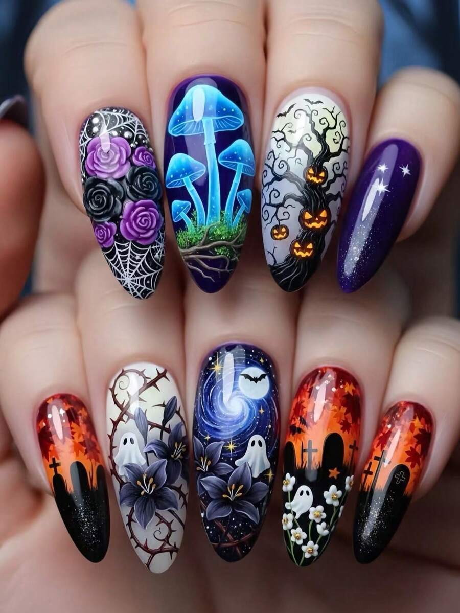 24PCS Halloween Theme Hand-Painted Mushroom Spider Web Rose Pumpkin Tree Ghost Lily Maple Leaf Removable Wearable Nail Art - Multicolor - View 1