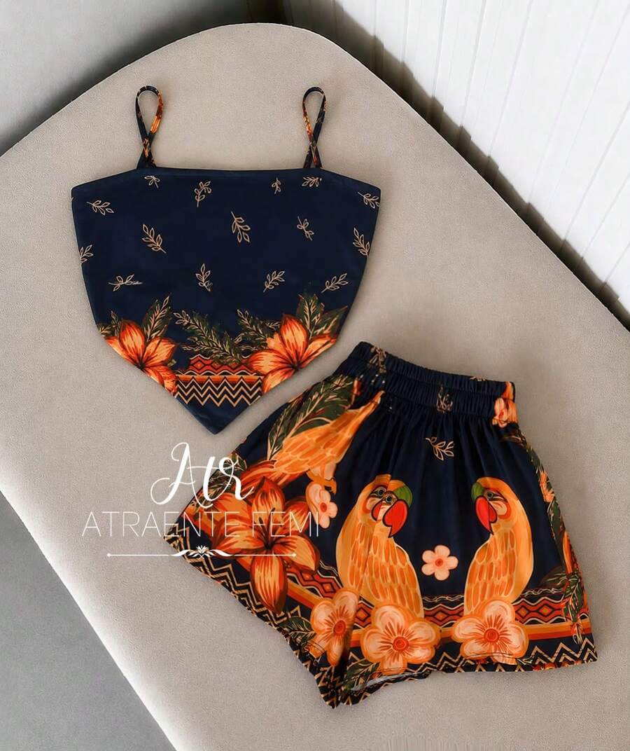 New PONTA Women's Set: Shorts + Padded Top With Palm Tree Landscape Print - 海軍藍印花 - 查看 1