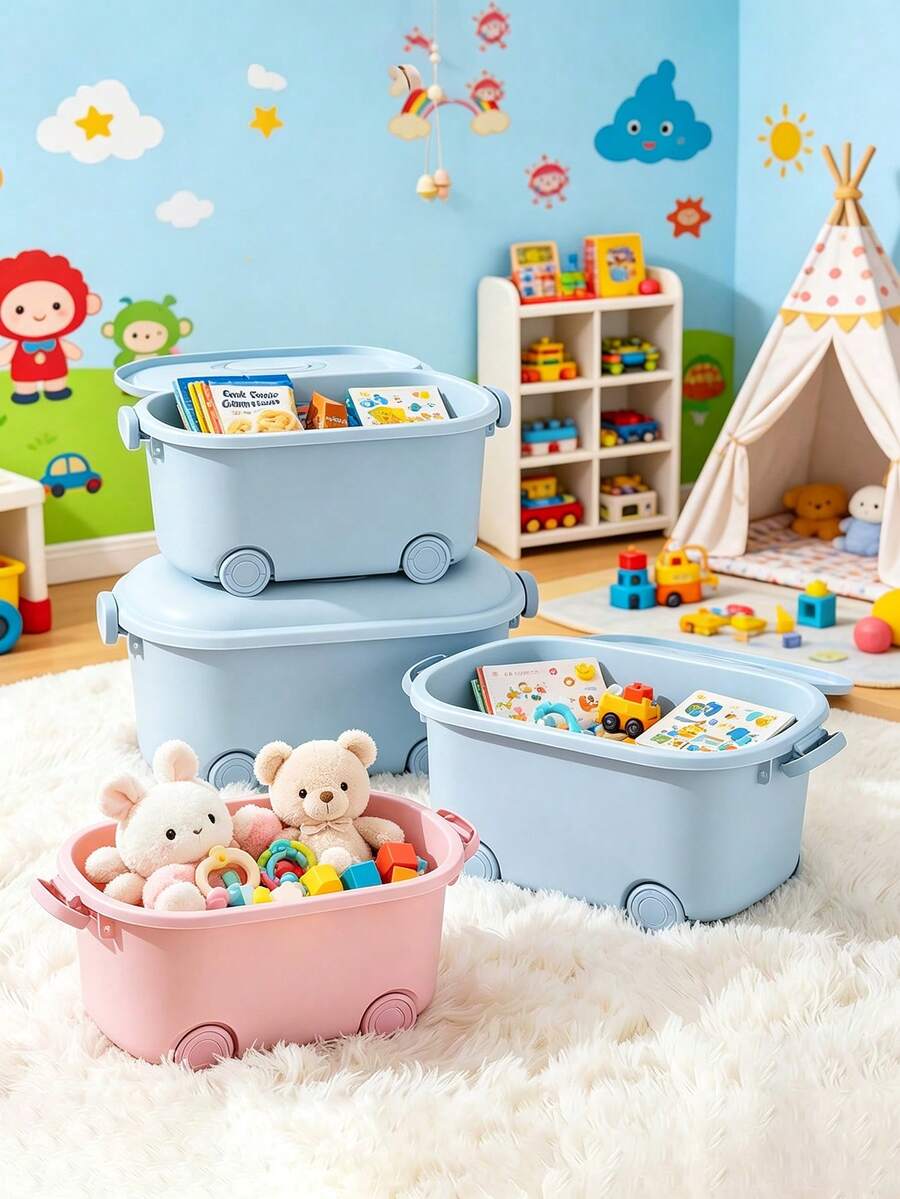 1pc Children's Doll Storage Box With Wheels, Baby Doll & Miscellaneous Items Organizer, Plastic Storage Bin For Home Use - Multicolor - View 1