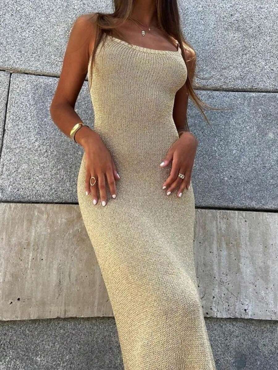Women's Sexy Glittery Knit Dress, Suitable For Beach, Vacation, And Dates Spring, Bodycon - Gold - View 1