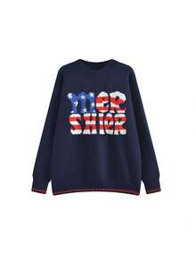 American Vintage Letter Flag Crew Neck Knit Sweater, Clean Fit Slouchy Loose Casual Pullover, Brand Tops - Blue - View 6