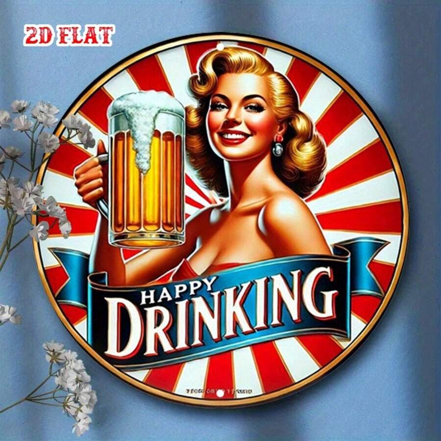 2D平面 1件裝復古風啤酒杯圓形鐵製標誌 8英吋，女孩與「Happy Drinking」設計，鄉村風金屬裝飾，適用於居家、車庫、咖啡廳、家用吧台裝飾，預鑽孔，款式如尺寸表所示 - 多色 - 查看 1
