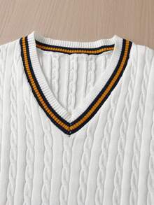 Boys V-Neck Long Sleeve Knitted Sweater With 3D Cable Knit And Color Block Stripes, Preppy Casual Versatile Pullover For School Daily Wear In Autumn/Winter - White - View 4