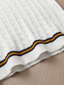 Boys V-Neck Long Sleeve Knitted Sweater With 3D Cable Knit And Color Block Stripes, Preppy Casual Versatile Pullover For School Daily Wear In Autumn/Winter - White - View 9
