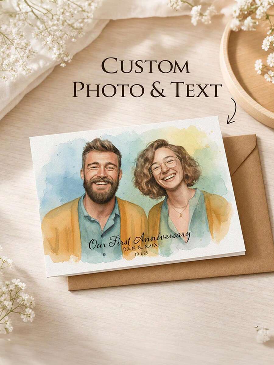 Custom Photo Cartoon Wedding Greeting Card, Upload Couple Photos To Create Cute Hand-Drawn Portraits Including Pets. Custom Names, Wedding Date, Venue And Invitation Words. Sweet Personalized Greeting Card For Wedding Events. - Multicolor - View 1