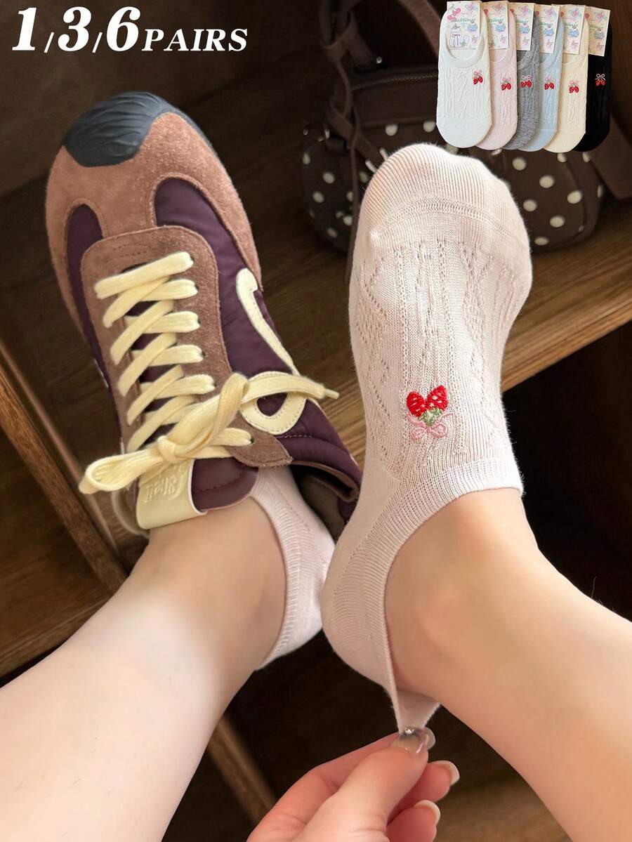 1/3/6 Pairs Women's Multi-Color Combination, Strawberry Embroidery, Autumn New Style, Knitted Breathable Fabric, Ins Style, Sweet Girl Style Invisible Boat Socks, Home, Commute, Party, Sports, School, Holiday Gift - Multicolor - View 1