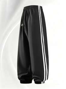 Men's Plus Size Casual Sports Long Pants, Extra Large Drawstring Waist, Side Stripes, Zipper Pockets, Black - Black - View 3