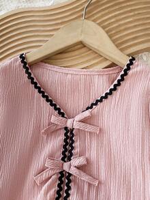 Girls' New Fashion Lace Black Trim Bow Long Sleeve Top And Wide Leg Pants 2 Pieces Set, Autumn - Pink - View 3