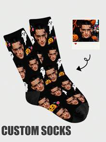 1 Pair Customized Women's Mid-Calf Socks, Customized Face Socks, Couple Socks, Customized Photo Socks, Customized Printed Socks, Personalized Funny Face Socks, Customized Pattern Socks, Personalized Interesting Face Pattern, Can Print Any Face Shape On Socks, Anniversary Gift, Valentine's Day Gift, Birthday Gift, Wedding Gift, Mother's Day Gift, Father's Day Gift, Best Friend Gift, Gift For Mom/Dad, Gift For Girlfriend/Boyfriend - Black - View 6