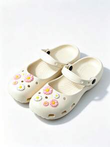 Cream Mary Jane Two-Wear Clogs With Pink & White Daisy Charms, Soft Closed Toe Sandals - White - View 1