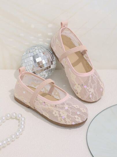 1 Pair Pink Kids Lace Mesh Mary Jane Slip-On Shoes With Random Floral & Striped Design For Ball, Shopping, School And More, 2026 New Style