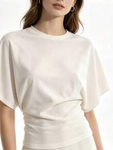 White Ruched Waist T Shirt For Women Casual Summer Top Versatile Clean Aesthetic Daily Wear School Beach Vacation Home Lounge Tee - 白色 - 查看 9