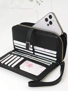 Women's Mini Handheld Phone Wallet, Exquisite Snap Closure, Colorblock Patchwork, Soft PU Long Wallet, Multi-Functional Large Capacity ID Card Holder, Zipper Coin Purse, Lightweight And Fashionable - Black - View 2