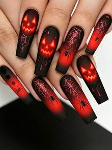 24pcs Long Water-Pipe Style Halloween Y2K Design Classic Elegant Red & Black Gradient Ombre Pumpkin Funny Ghost Face Spider Web Polka Dot Striped French Glossy Shiny Bright White False Nails Fashion Versatile Wearable Nails Suitable For Dates Parties Spring Summer Women And Girls Autumn Winter Daily Wear Removable Press-On Nail Set With Jelly Glue And Nail File Easy To Wear And Durable Jelly Glue Randomly Shipped - Burgundy - View 2