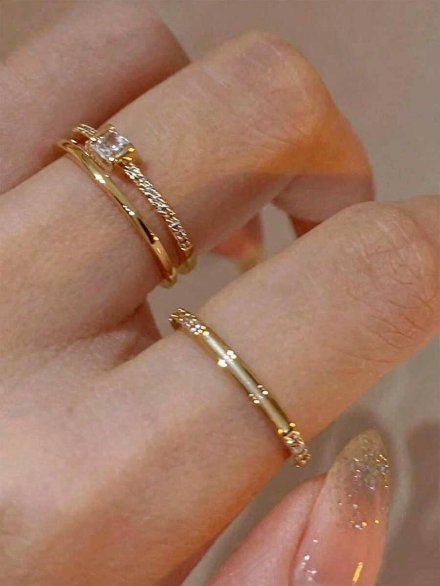2pcs Gold Tone Elegant Minimalist Geometric Fashion Rings, Suitable For Women's Daily, Festival And Party Wear - Two-piece Ring Set - View 1