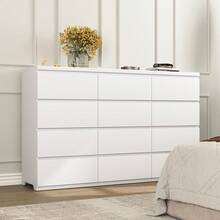 12 DRAWER CHEST FEATURES SMOOTH METAL DRAWER SLIDES AND A WIDE WOODEN CABINET, OFFERING AMPLE STORAGE SPACE. IT'S PERFECT FOR USE AS A BEDROOM DRESSER OR VANITY, AND COMES WITH UNIQUE RECESSED HANDLES AND STURDY LEGS. - White - View 9