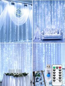 300 LED Window Curtain Lights, 9.8x9.8 Ft (Approx. 3 Meters*3 Meters), Warm Lighting, USB Powered, 8 Modes Remote Control, Hanging Lights For Bedroom, Indoor, Outdoor, Wedding Party (Color/Warm White/Pure White) - 多色 - 查看 8