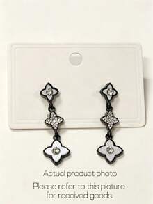 1 Pair Fashion Long Leaf Flower Earrings With Rhinestone Embellishment, High-End Style, Gift For Best Friend, Mother's Day Gift, Jewelry - Gun Black Base - View 2