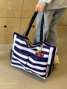 Minimalist Colorblock Wide Stripe Handbag, Large Capacity Multi-Pocket Foldable Tote Bag, Casual Versatile Shopping Bag, Suitable For Short Trips - Blue - View 3