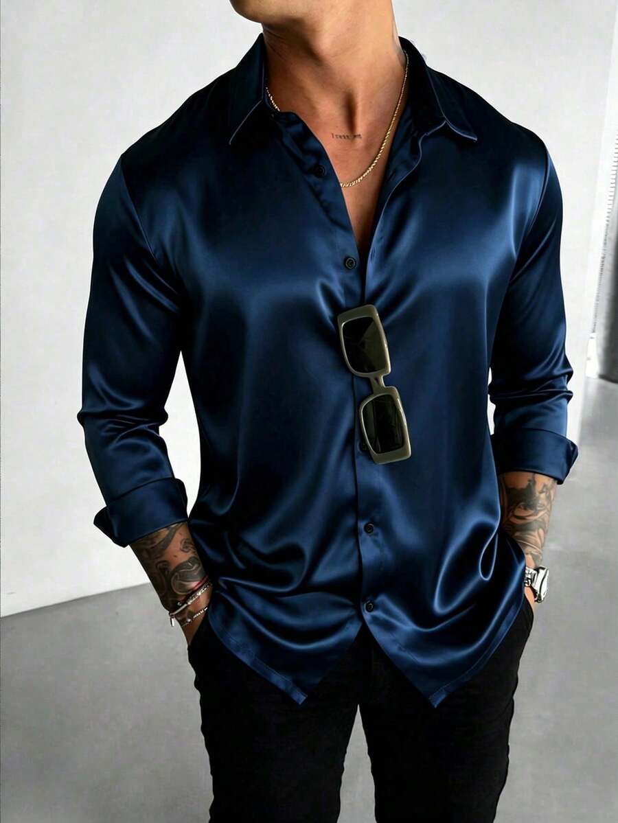 Camisa de vestir de manga larga de tela de satén para hombre, para el otoño - Azul Marino - Ver 1