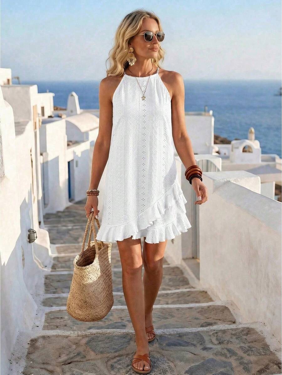 Solid Color Casual Vacation Dress With Halter Neck And Ruffled Hem - Black - View 1