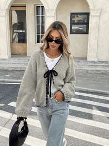 Cardigan Rajut Kasual Leher V Ukuran Besar untuk Wanita, Trim Kontras, dan Tali Depan, Musim Gugur/Dingin - Grey - View 2