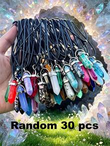Random 1/10/15/20/30/50/100pcs Vibrant Chakra Crystal Pendants With Durable Leather Chain + Multi-Color Gemstone Set With Hexagonal Quartz, Energy Balance, Ideal Gift Choice - Multicolor - View 16
