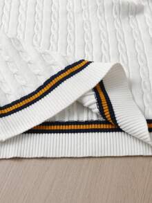 Boys V-Neck Long Sleeve Knitted Sweater With 3D Cable Knit And Color Block Stripes, Preppy Casual Versatile Pullover For School Daily Wear In Autumn/Winter - White - View 7