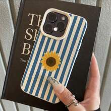 1 buah Casing Ponsel Bahan TPU Motif Bunga Matahari Garis Biru Kompatibel dengan iPhone 17 Pro Max/17/16 Pro Max/15/13/12/11/ S20 FE/A15/S24/A55/ Note 11/Note 12/Note 13 Pro Pelindung Ponsel Soft Shell Anti-Jatuh Cakupan Penuh - Putih - View 2