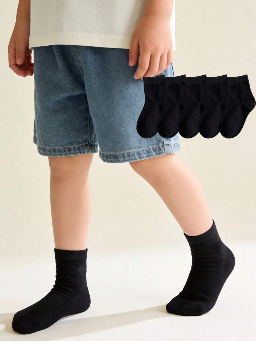 5 Pairs Pure Cotton Children's Socks, Black Plain Design, Sports Student Unisex Baby Mid-Calf Socks - Black - View 1