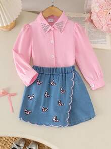 2pcs Girls Luxury Exquisite Rhinestone Embellished Turn-Down Collar Puff Sleeve Blouse And Butterfly Embroidery Denim Skirt Set, Spring/Autumn - Pink - View 4