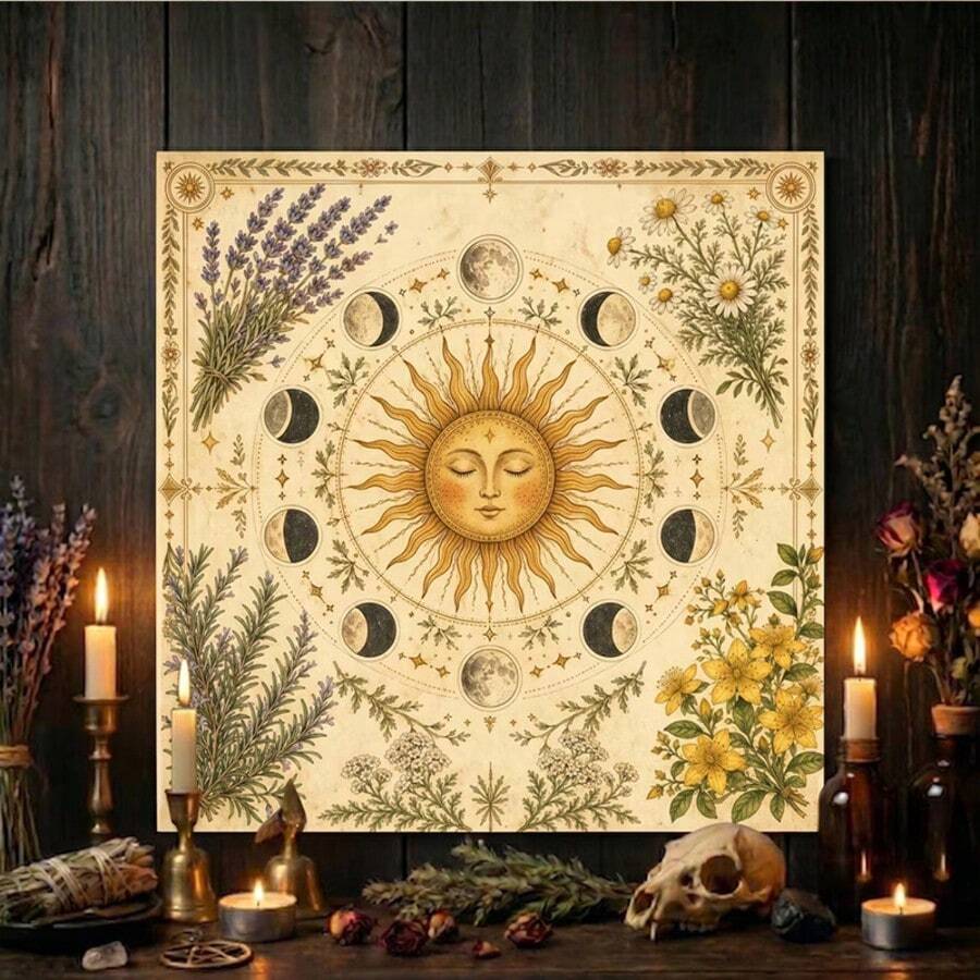 1pc Retro Herb Botanical Tarot Table Cloth Old Paper Tone Smiling Sun Lunar Cycle Floral Insect Border Square Witch Altar Cloth Lightweight Divination Mat Wall Hanging Home Decor - Black - View 1