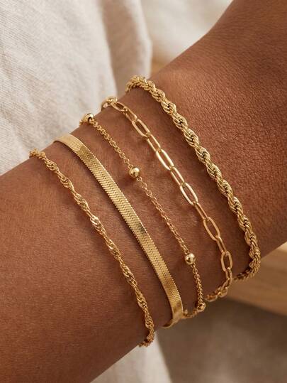 5pcs Women's Exquisite Gold Layered Bracelets, Multi-Layer Thin Snake Bone & Round Bead Chain, Minimalist Daily Wear Jewelry, Valentine's Day Birthday Gift For Girlfriend