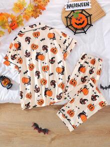 2-Piece Halloween Women's Pajama Set, Pumpkin & Ghost Cat Print, Short Sleeve Cardigan & Long Pants Set, All Season, Home Wear, Comfortable & Loose - Apricot - View 3