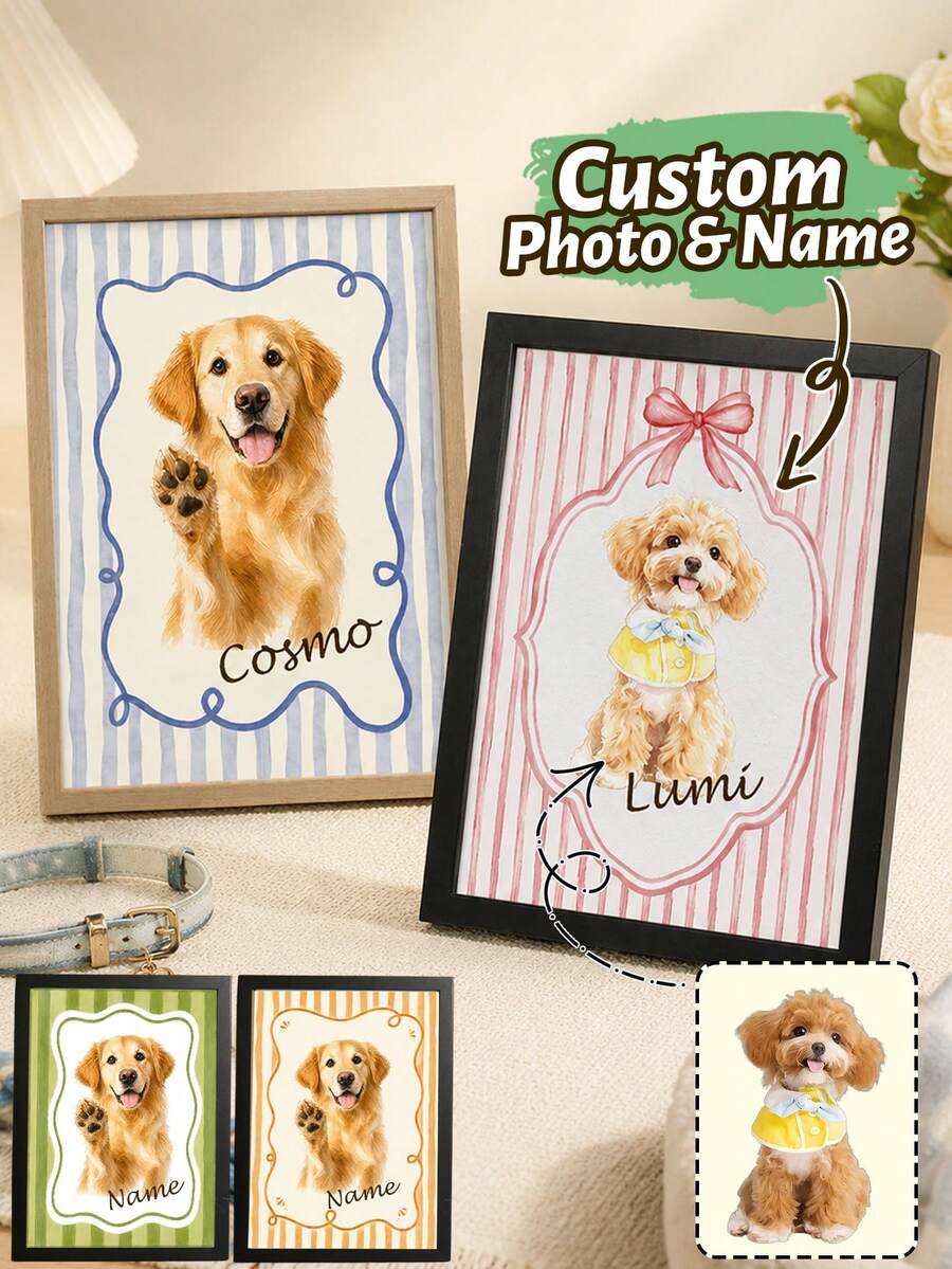 Custom Pet Photo Memorial Frame, Cute Watercolor Personalized Dog Portrait For Home And Desk Decor, Customized Name Keepsake, Customizable Picture Gift For Pet Lovers, National Dog Day, Birthday, Christmas And Pet Loss Sympathy - Multicolor - View 1