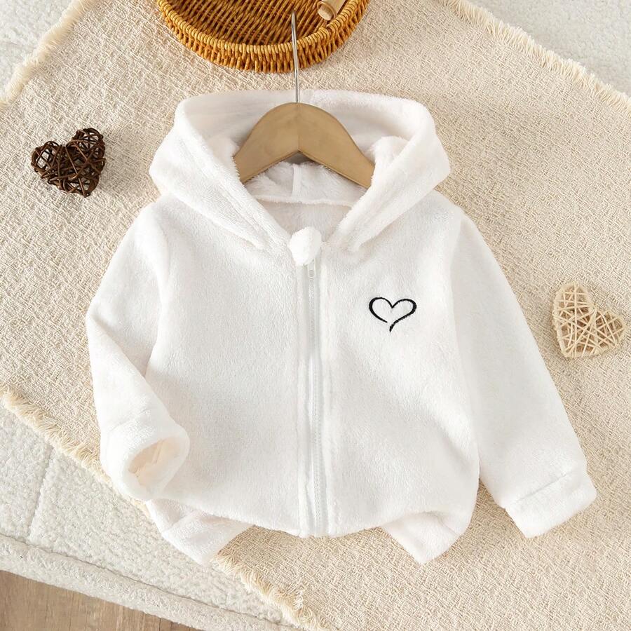 Áo khoác cardigan có mũ thêu hình trái tim bằng lông màu trơn dễ thương cho bé gái 0-3 tuổi, phù hợp mặc mùa thu/đông khi đi chơi và mặc phối nhiều lớp - trắng - Xem 1