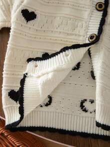 1pc Korean Style Girls Heart Print Hollow Knit Cardigan, Contrast Trim Round Neck Single-Breasted Long Sleeve Top, Breathable Versatile Knit Top For Toddlers In Spring And Autumn - Beige - View 8