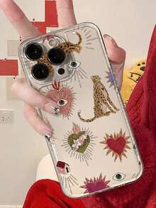1 Piece Of Retro Embroidered Leopard Heart Eye Transparent Phone Case Suitable Compatible With Apple 11/12/13/14/15/16/17PROMAX - Multicolor - View 1