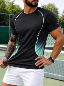 1pc Men's Summer Short Sleeve Round Neck Line Decor Elastic Sports T-Shirt - Black - View 1