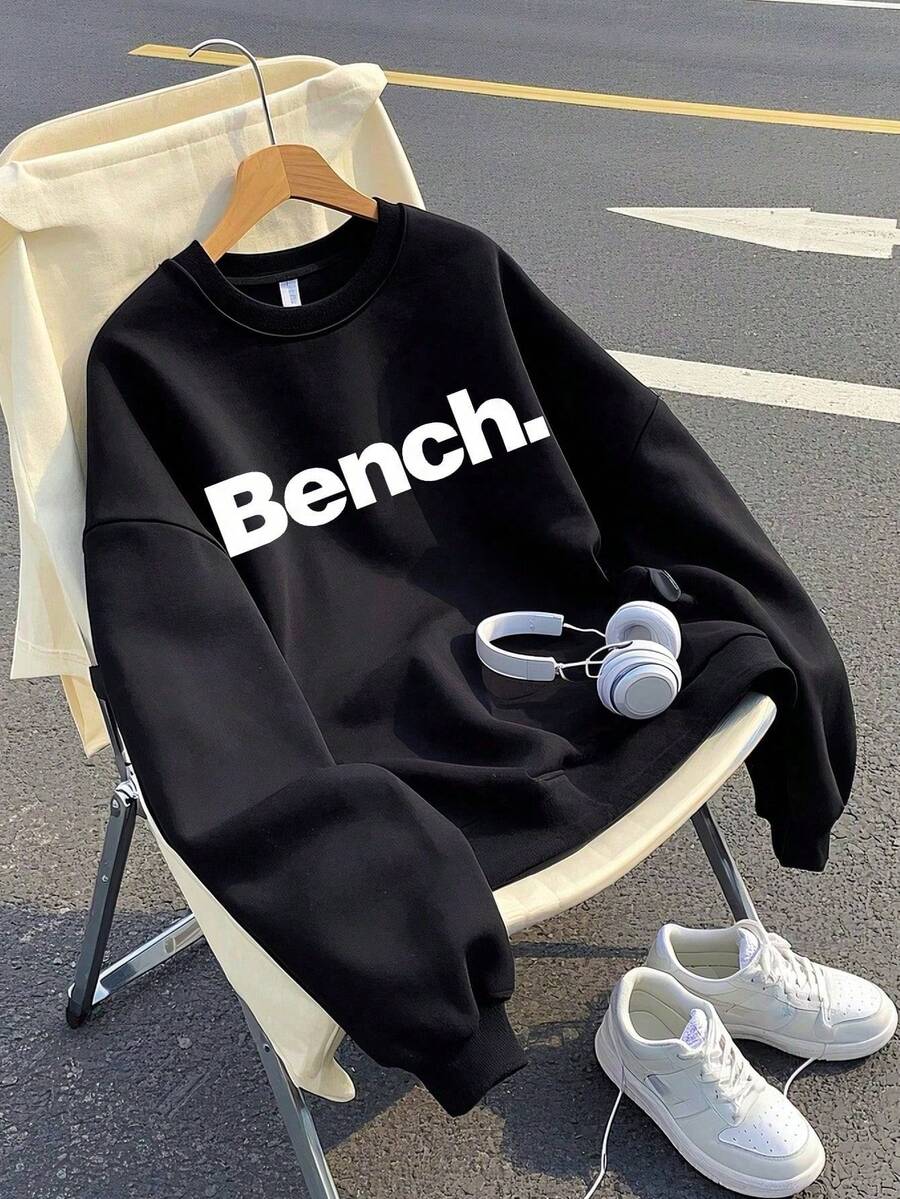 Casual Minimalist Letter Print Basic Crew Neck Sweatshirt, Suitable For Autumn/Winter Wear, Teen Girls Style - Black - View 1