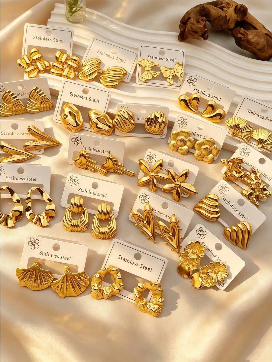 4/8/16/24pcs Luxury Gold-Plated Textured Geometric Stainless Steel Earrings - Multicolor - View 1